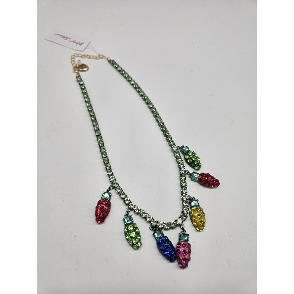 NWT Betsey Johnson Christmas Bulbs Lights Green Border Statement Necklace - Picture 2 of 5